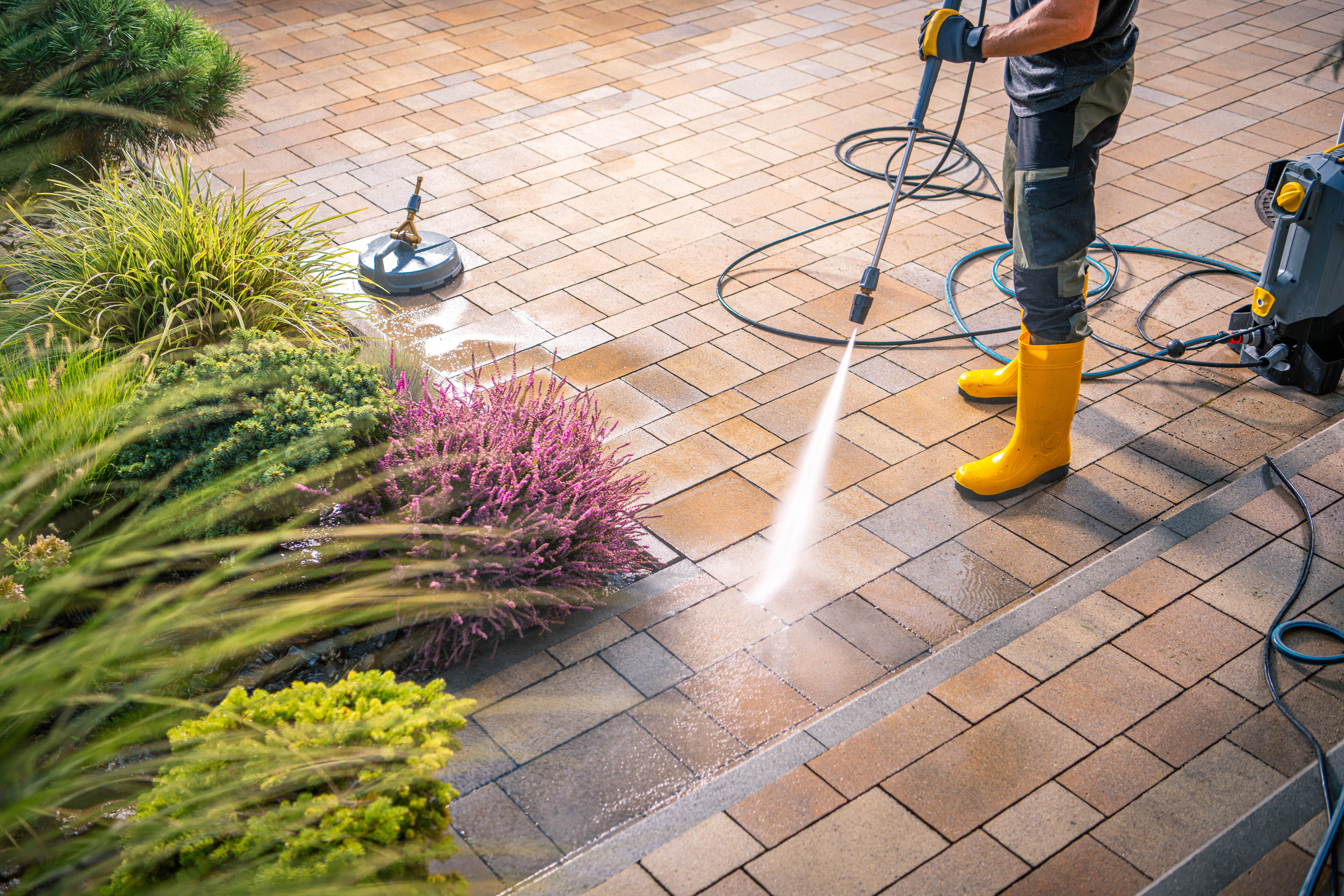 Block paving being jet-washed clean